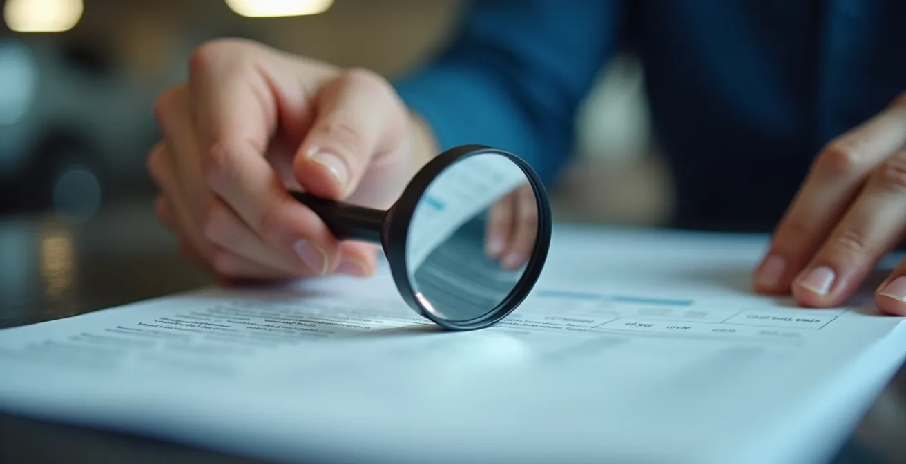 Mains d'expert examinant des documents d'expertise avec loupe professionnelle