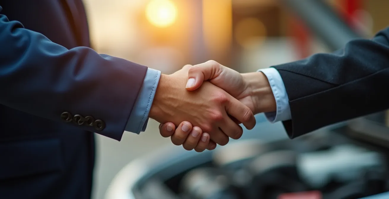 Poignée de main entre expert et client dans un environnement automobile
