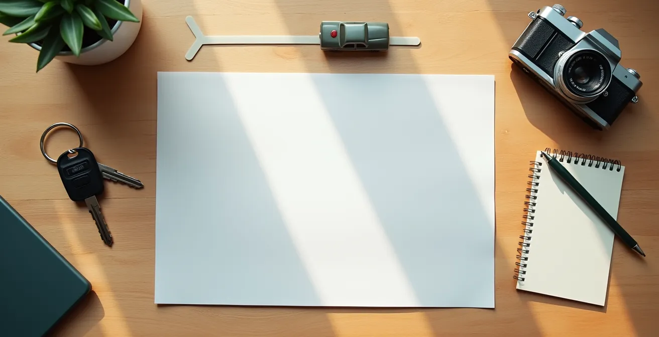 Vue aérienne d'un bureau avec documents d'expertise automobile soigneusement organisés